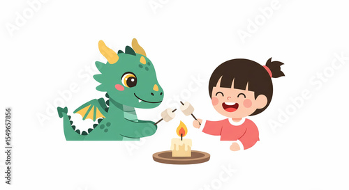 Cute Cartoon Girl and Green Dragon Roasting Marshmallows Over Candle Illustration