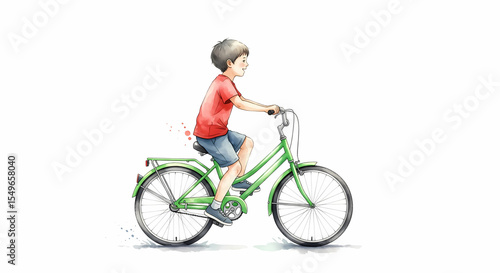 Happy Young Boy Riding Green Bicycle Outdoor Activity Illustration