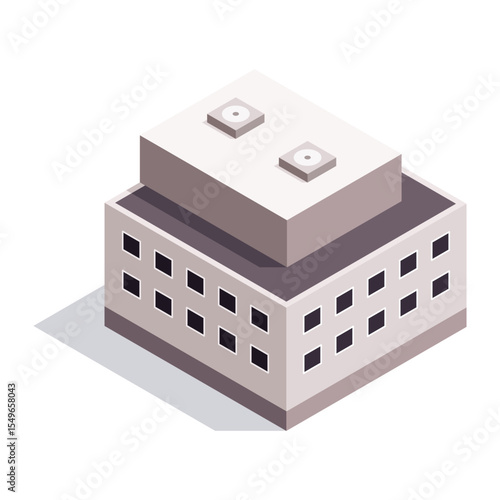Factory isometric. Industrial bulding. Concept of industrial plant with chimney tower. 3d isolated icon. Architecture of manufacture house. Vector cartoon illustration