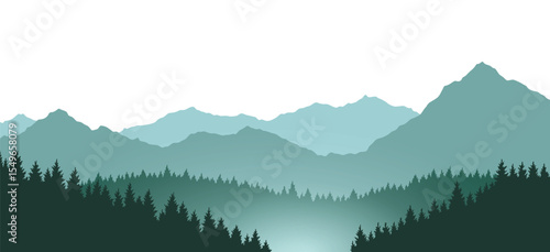 Foggy mountains landscape background. Smoky and rocky panorama with mountains skyline and pine tree forest silhouettes. Scenery with slopes, vector cartoon illustration