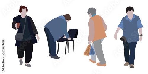 Set of drawings of people on the street in spring clothes. 2D image for use as an entourage. Vector flat city infographics