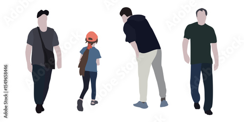Set of drawings of people on the street in spring clothes. 2D image for use as an entourage. Vector flat city infographics