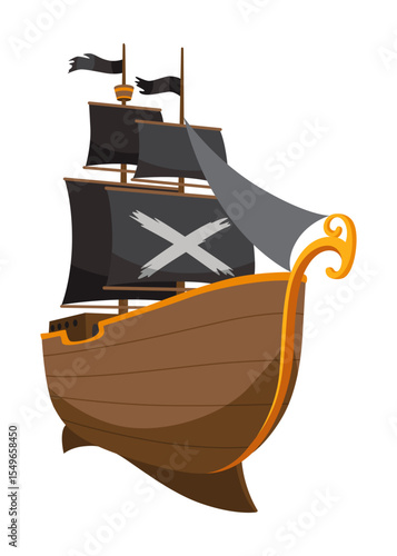 Stylized cartoon pirate ship illustration with black sails. Cute vector icon. Pirate Ship sailing on water