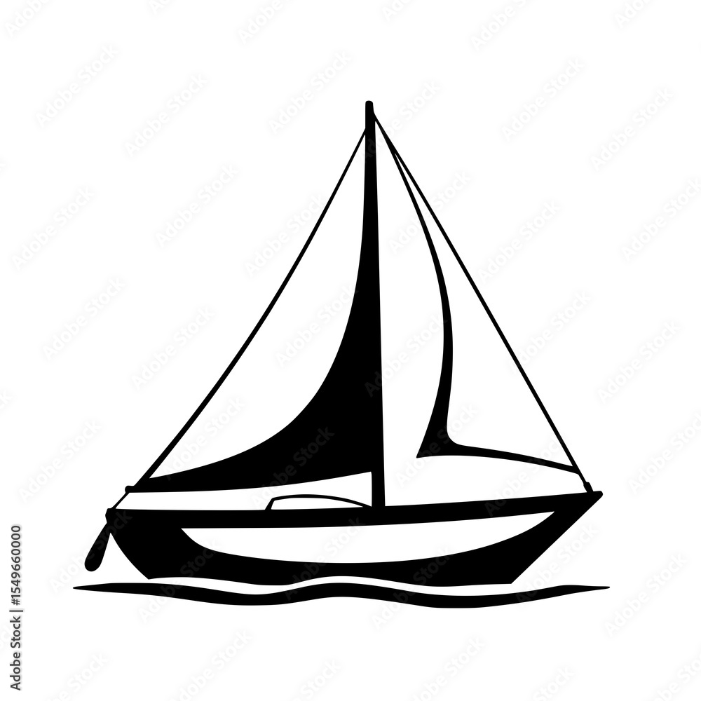 Sailboat on the Sea: A simple black and white line art illustration of a sailboat gliding on calm waters, showcasing its elegant silhouette against a white background. Sailboat on the Sea: A simple black and white line art illustration of a sailboat gliding on calm waters, showcasing its elegant silhouette against a white background.