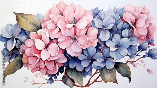A vibrant bouquet of pink and blue flowers beautifully intertwines with lush green leaves.