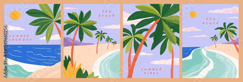 Summer sea beach landscape poster, cover, card set with sea view, sunny beach, palms and typography design. Summer holidays, vacation travel illustrations.