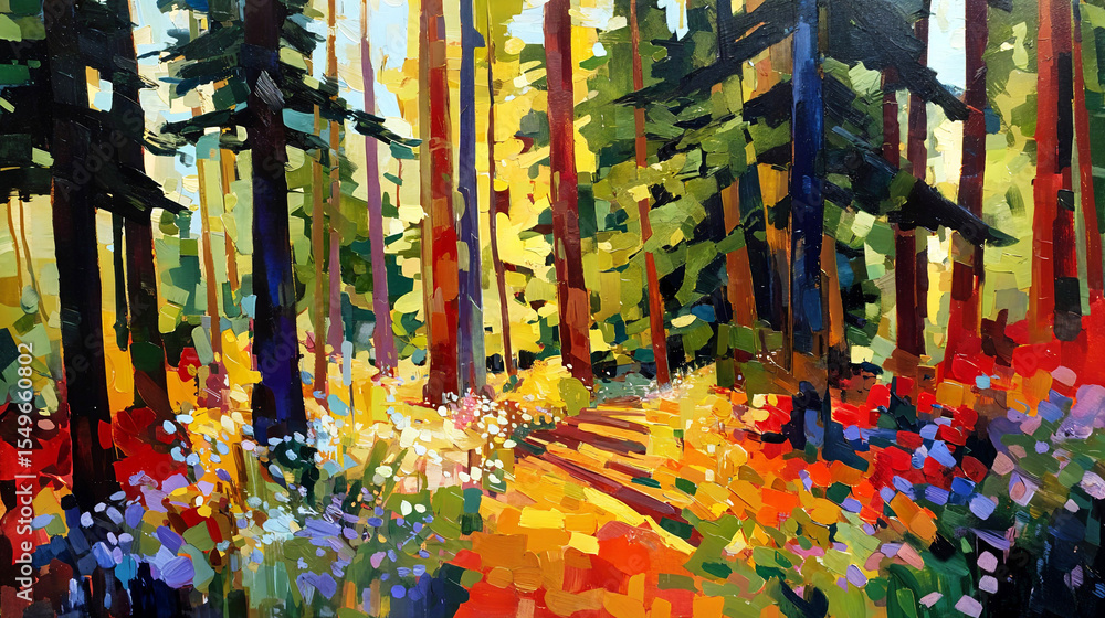 Obraz premium Abstract landscape oil painting depicts a sunlit forest path