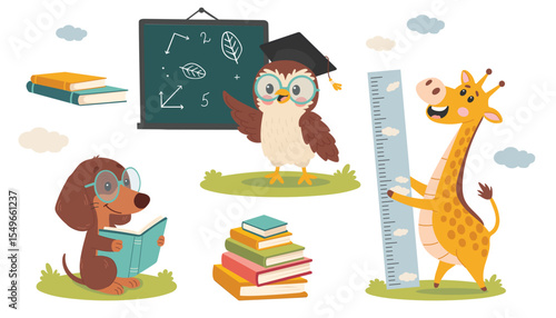 The animals are learning, reading. Back to school. The owl is a teacher. Animals in glasses with books