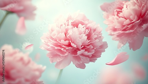 Fototapeta Naklejka Na Ścianę i Meble -  Delicate pink peonies in soft focus, floating petals