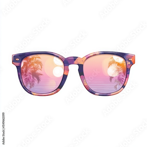 Colorful Sunglasses with Tropical Reflection and Sunset Background