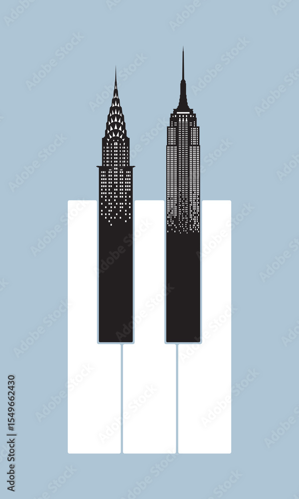 Fototapeta premium Music piano key with skyscrapers. New York jazz concept. Classical music instrument, Vector illustration EPS 10