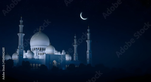 Sheikh zayed grand mosque, Abu dhabi, Uae, Sheikh Zayed Grand Mosque at Night with Crescent Moon