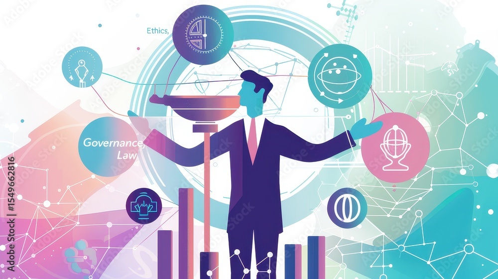 A man in a suit and tie standing on a podium with a large screen A man in a suit and tie standing on a podium with a large screen