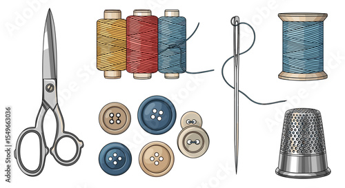 Illustration of sewing kit including scissors spools of thread buttons and a thimble for crafting tools