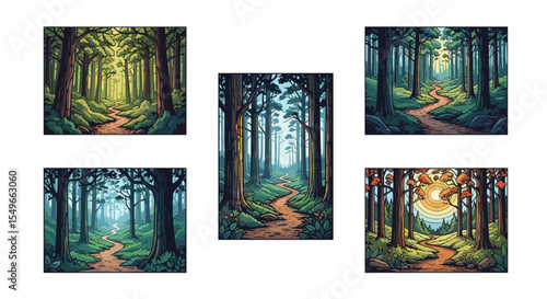 A collection of forest scenes depicting winding paths through dense trees and lush green undergrowth views