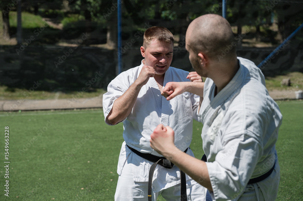Fototapeta premium Karate fighters training in sparring stance outdoors.