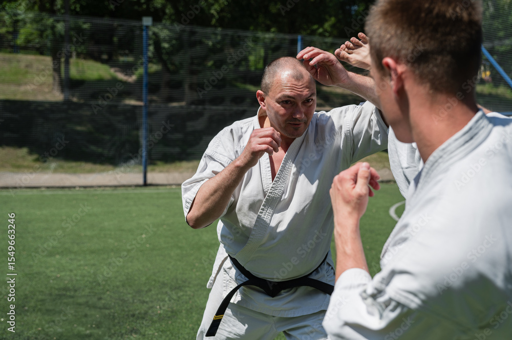 Fototapeta premium Karate fighter blocking high kick during outdoor training.