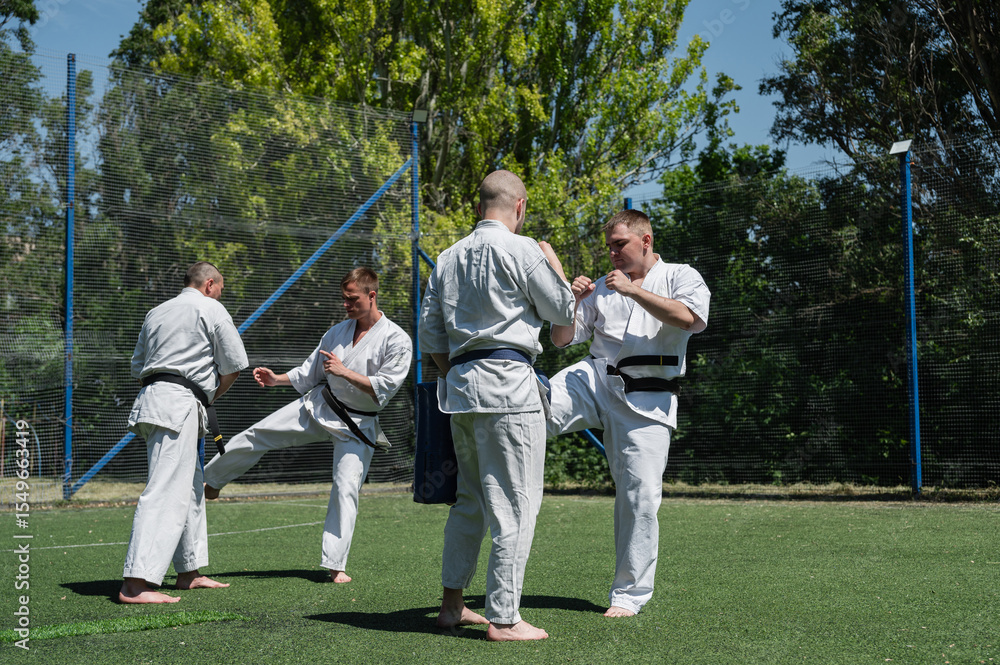 Fototapeta premium Karate students practicing kicks in pairs on sunny field.