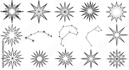 Illustration showing an array of starbursts and constellations in a black and white design style