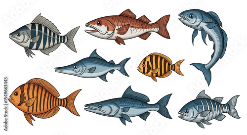 Illustration showcasing a variety of fish species with different colors and patterns in a cartoon style