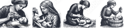 Halftone stipple dotted vector bundle design of a mother gently oiling her baby in black color, detailed dotted effect illustration, perfect for family care, motherhood, baby skincare, parenting theme