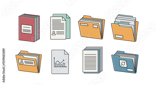 Illustration of various document types including folders and loose leaf papers and reports shown