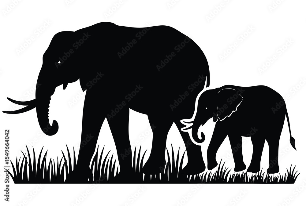 Fototapeta premium Elephant mother and calf walking together in grass silhouette vector illustration