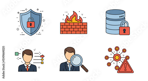 Illustration showing security shield, firewall, database lock, and data analysis concepts shown well