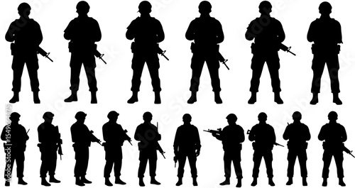 vector silhouette of a group of military police officers with weapons on a white background .Generative AI
