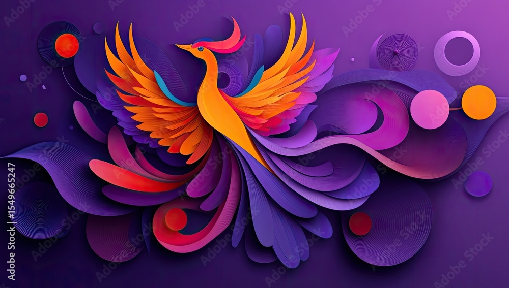 Fototapeta premium A vibrant phoenix, paper-cut style, soaring amidst abstract swirls