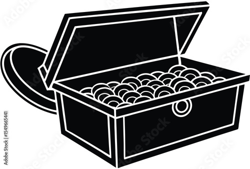 Open treasure chest full of coins silhouette vector elements, chest coins flat design.