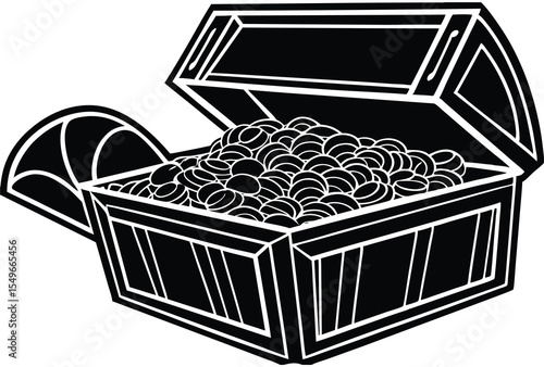 Open treasure chest full of coins silhouette vector elements, chest coins flat design.