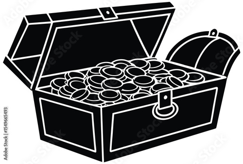 Open treasure chest full of coins silhouette vector elements, chest coins flat design.