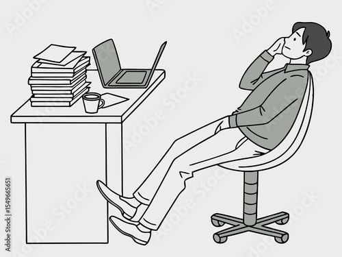Sleepy office scene with man dozing off at workstation covered in documents and gadgets
