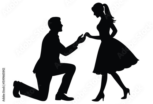 Man Kneeling Romantic Proposal Silhouette Vector Elements Icon Flat Design Illustration.