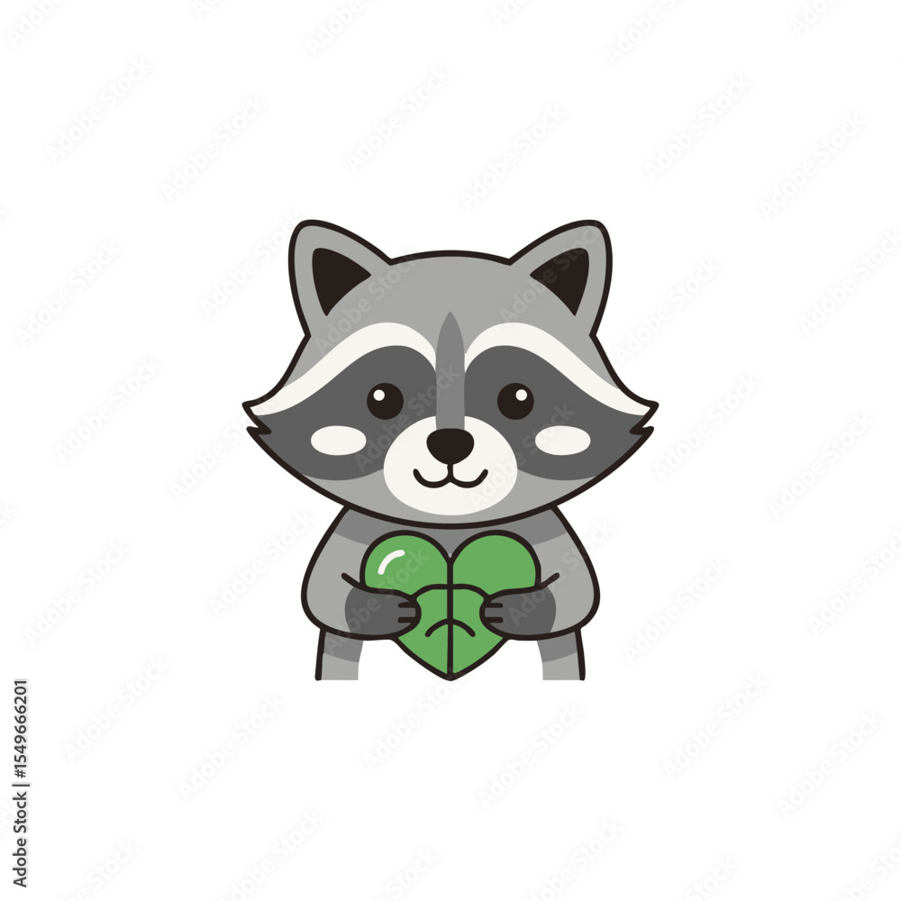 Obraz premium Raccoon Holding Heart-Shaped Leaf, Flat Icon