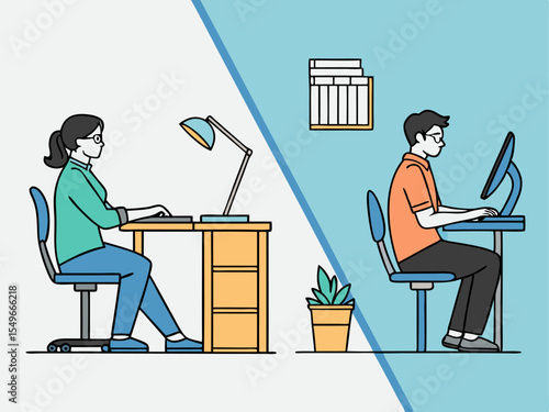 Minimalist workplace scene with employees seated at desks using computers and office supplies