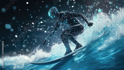 Digital surfer riding a wave