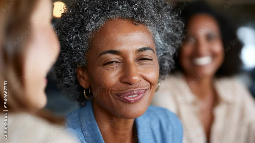 A joyful mature woman with curly gray hair shares a warm moment with friends in a stylish cafe. Laughter and happiness create a vibrant atmosphere of friendship and connection A joyful mature woman with curly gray hair shares a warm moment with friends in a stylish cafe. Laughter and happiness create a vibrant atmosphere of friendship and connection