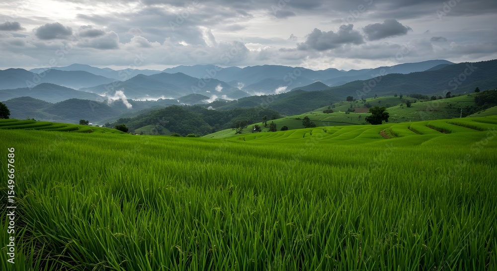 Fototapeta premium Rice terraces, Rice paddy, Rice field, Lush Green Rice Terraces in Mountain Valley