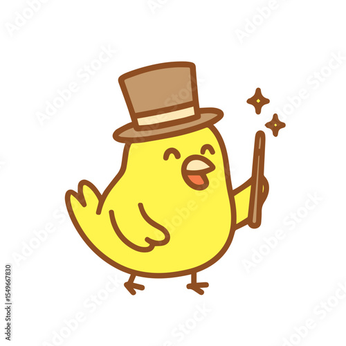 Cute Cartoon Chick Magician with Wand and Top Hat