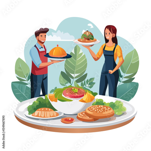 Restaurant Servers Presenting Traditional Dishes