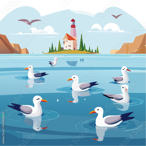 Cartoon Illustration of Seagulls on Water with Lighthouse and Coastal Landscape