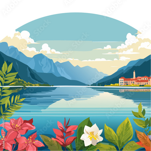 Lake Como, Italy, Vector Illustration with Mountains and Flowers