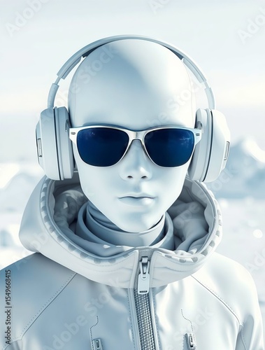 Futuristic Cyberpunk Android: Sleek White Robotic Figure with Blue Sunglasses and High-Tech Headphones Against a Vibrant Blue Background, Showcasing a Cutting-Edge Sci-Fi Aesthetic