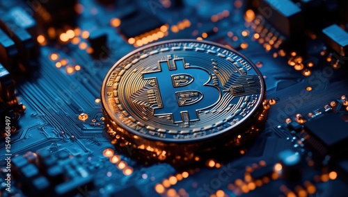 Wallpaper Mural Golden Bitcoin on circuit board Torontodigital.ca