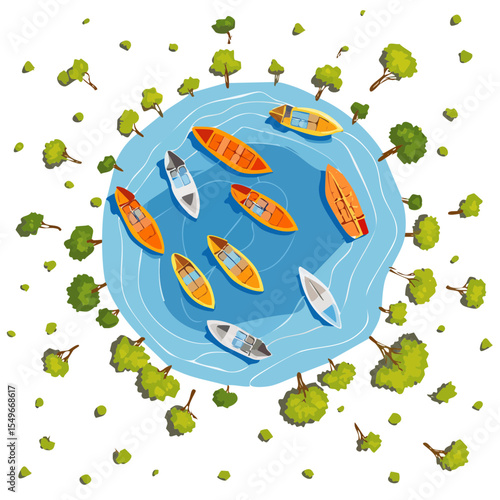 Top-down view of boats on a lake surrounded by trees and greenery