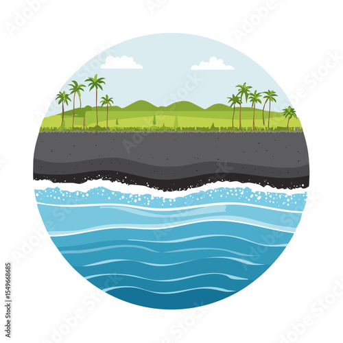 Cross-Section of a Tropical Island with Ocean, Land, and Subsurface Layers