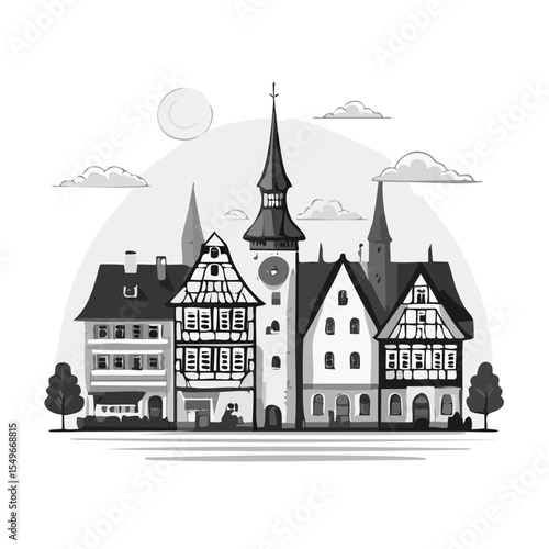 Stylized Black and White Illustration of a Historic Townscape