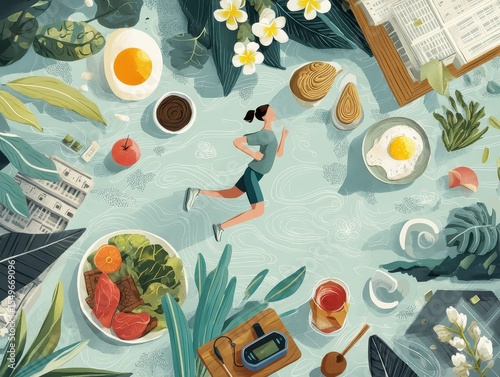 A woman is surrounded by a lot of food